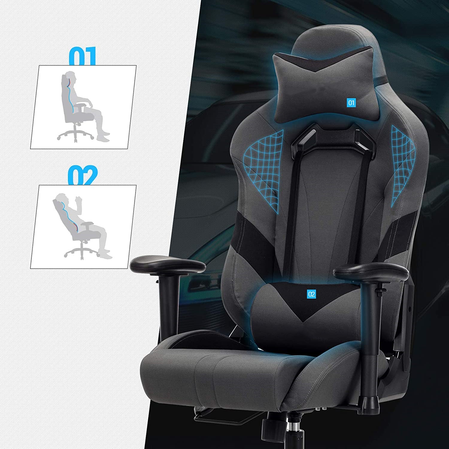 Gaming Stuhl Bürostuhl bis 150 kg belastbar Schwarz-Grau