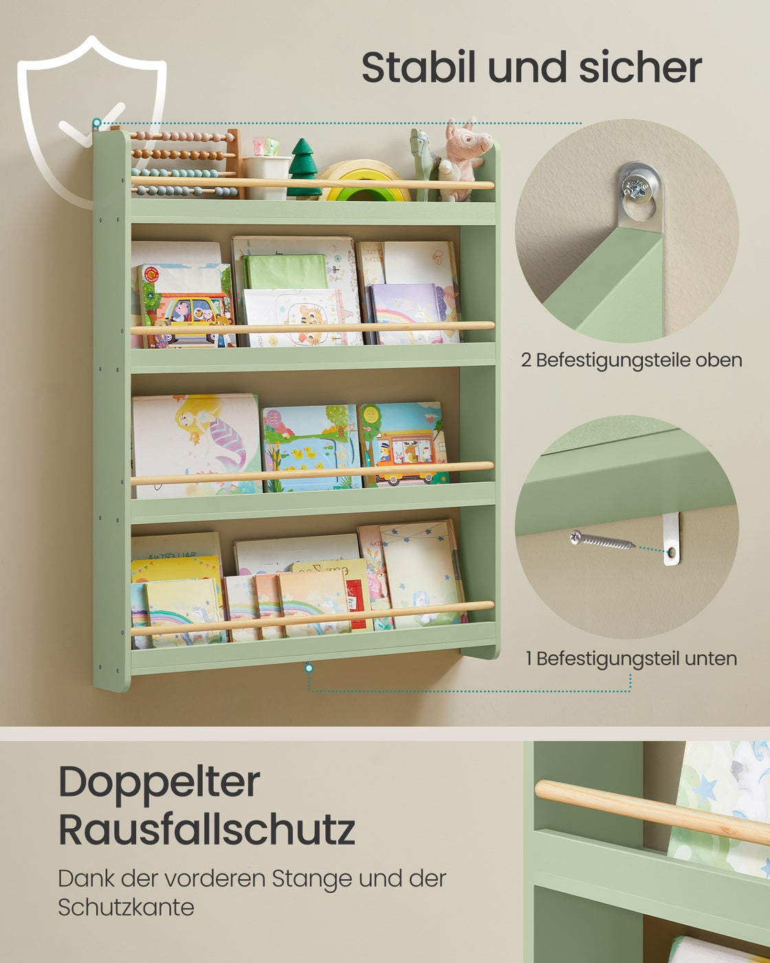 Kinder-Wandregal lorbeergrün-natur –