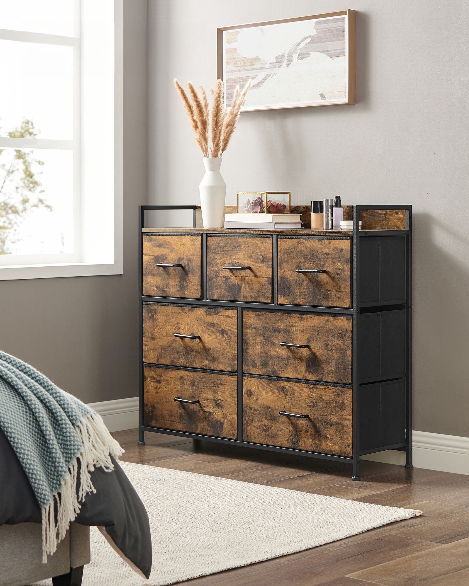 Kommode mit 7 Stoffschubladen Vintagebraun-Schwarz –