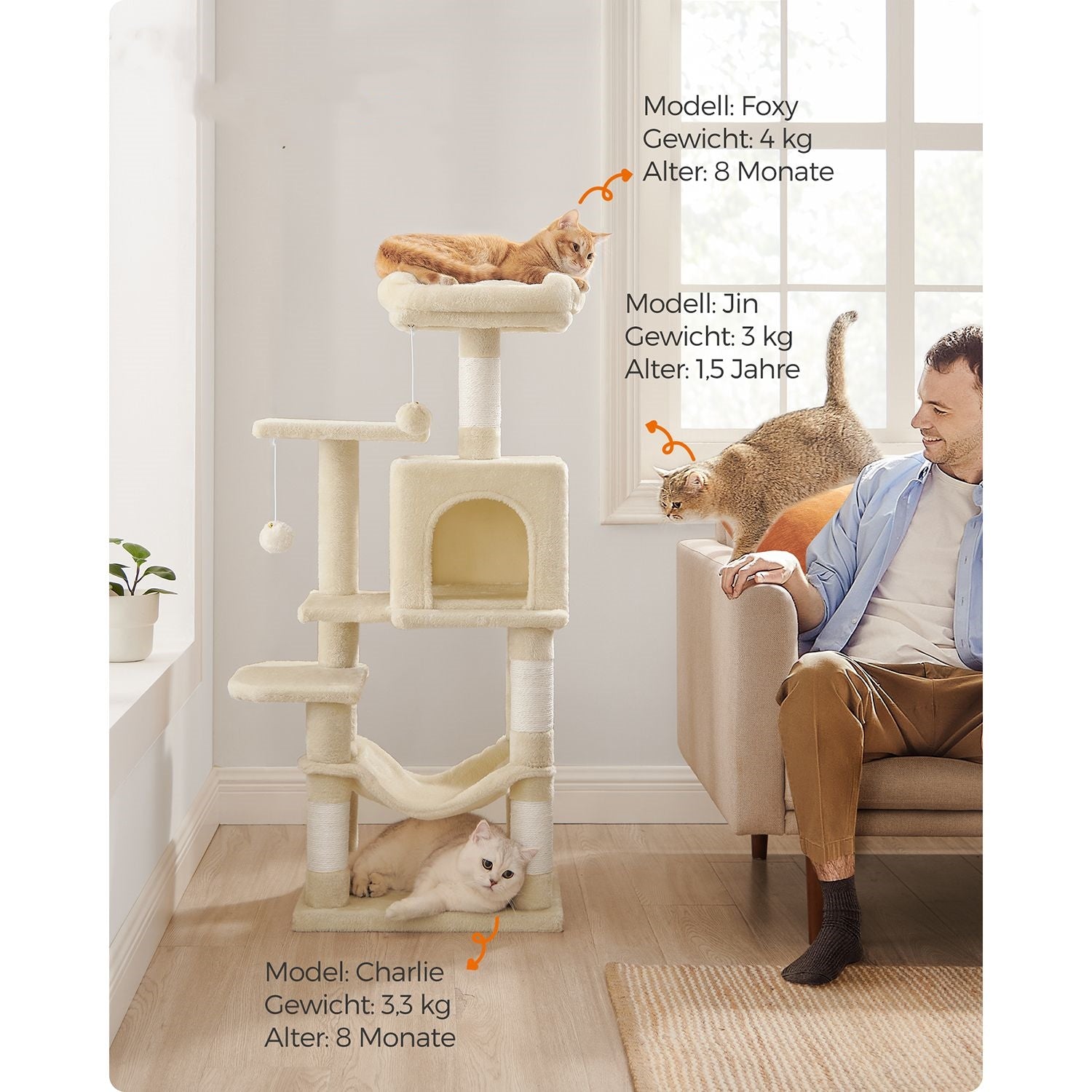 Katzenbaum mit Plattformen und Hängematte 112 cm hoch Beige –
