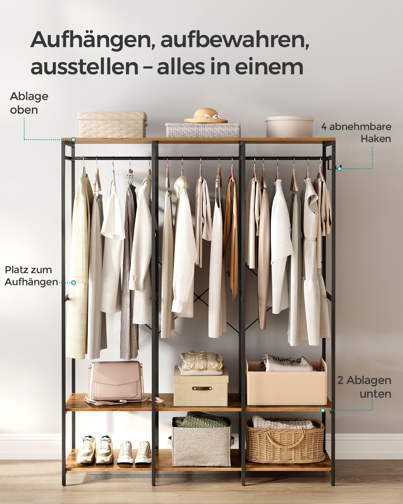 Kleiderschrank mit offenen abnehmbaren Haken Vintagebraun –