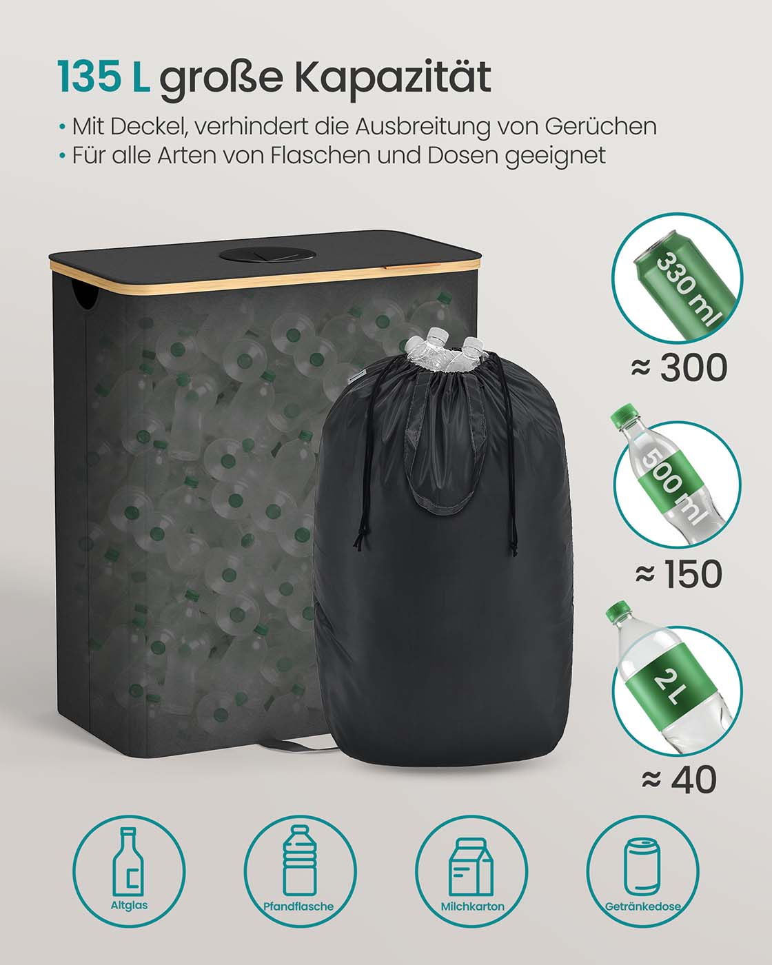 Pfandflaschen-Sammler 135 L schwarz-natur –