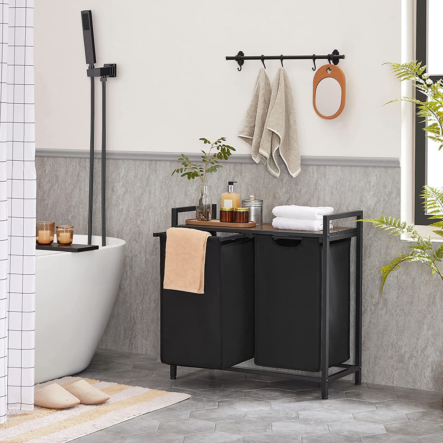 Hansiro Wäschekorb mit ausziehbaren Wäschesäcken 2 x 46 L Vintagebraun-Schwarz –