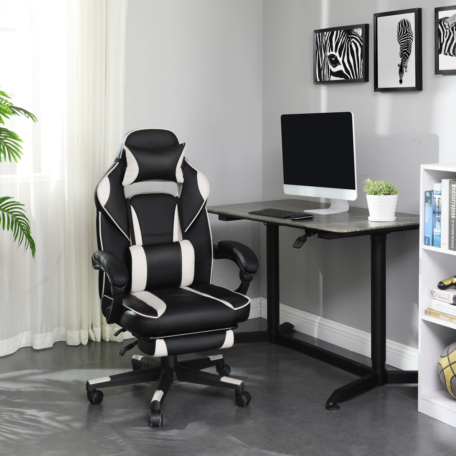 Gaming Stuhl Schreibtischstuhl bis 150 kg belastbar Schwarz-Weiß