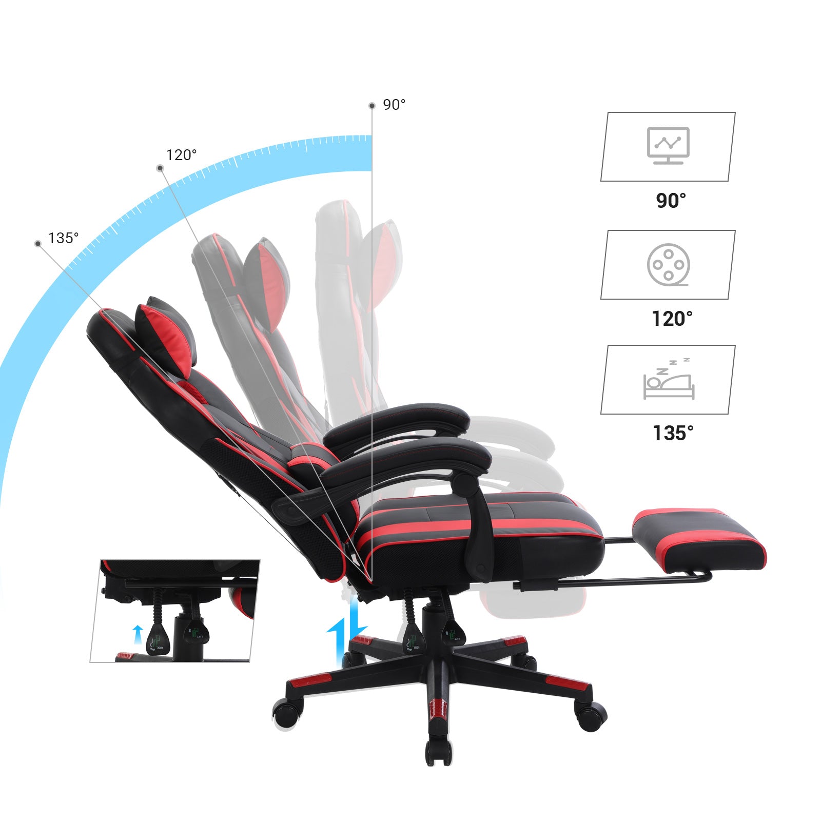 Gaming Stuhl mit Fußstütze bis 150 kg belastbar Schwarz-Rot
